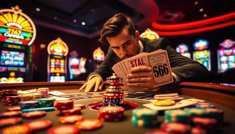 Play casino games at ST666 in a vibrant, luxurious setting with roulette and poker chips.