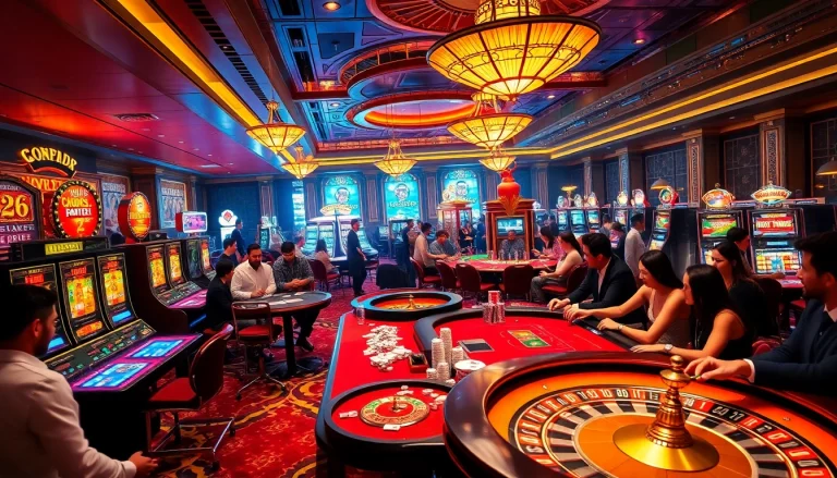 Experience high-stakes gambling at Lode88, featuring vibrant tables and a bustling online interface.