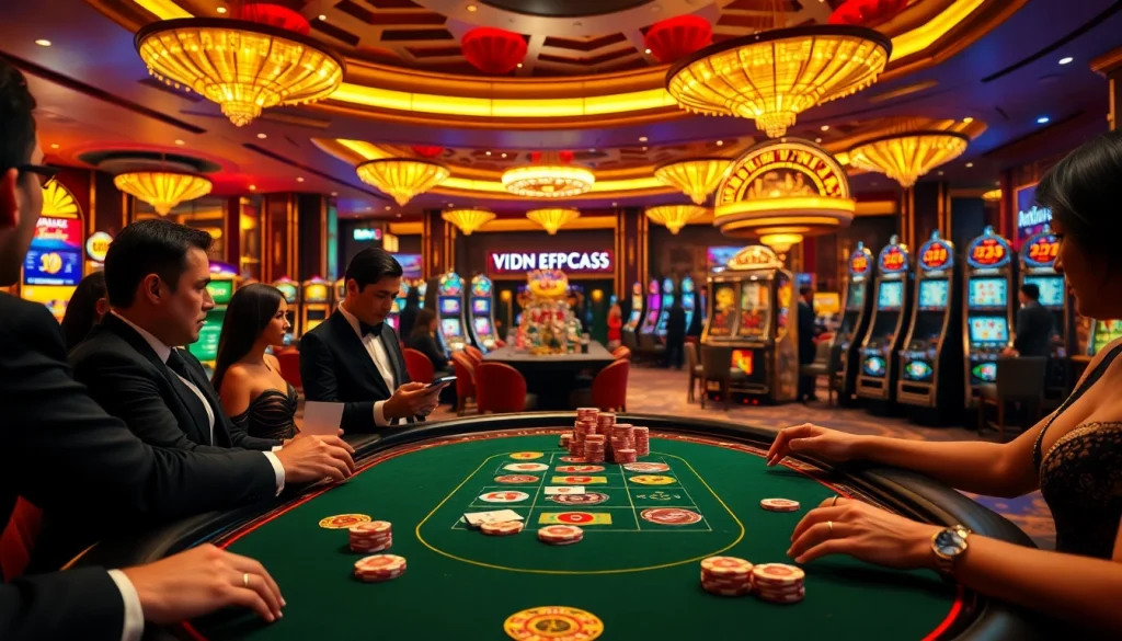 Cổng game 789club featuring players engaged in thrilling poker action at a luxury casino table.