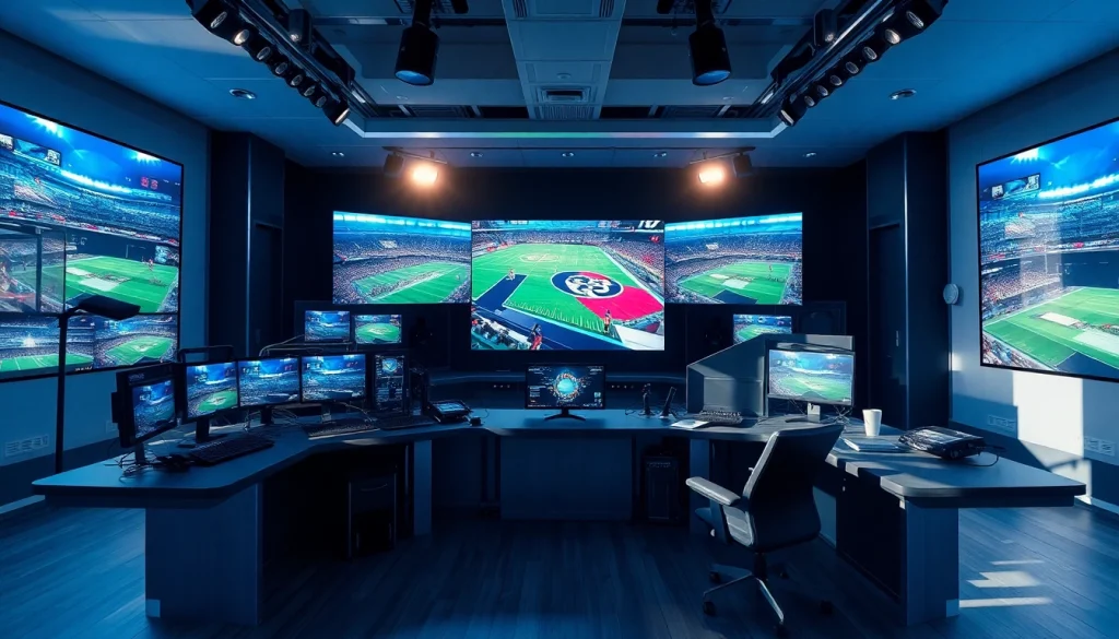 Dynamic sports broadcasting studio showcasing live feeds from various events.
