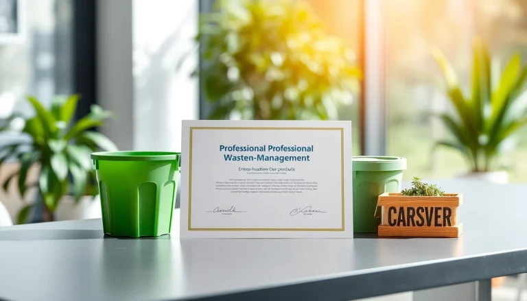 Entsorgungsnachweis auf einem modernen Schreibtisch mit umweltfreundlichen Tools.