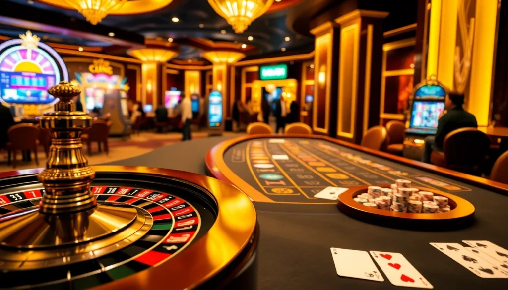 Experience the excitement of king88 at a luxurious casino with poker chips and a roulette wheel.