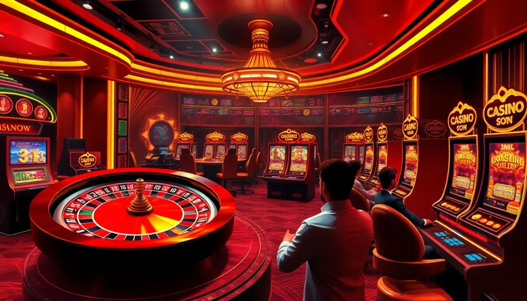 Experience the thrill at home eejl, featuring vibrant casino visuals with roulette and slot machines.