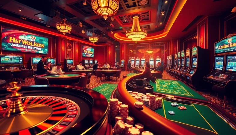 Engaged players enjoy games at a luxurious casino scene showcasing https://nk88net.com/ betting activities.