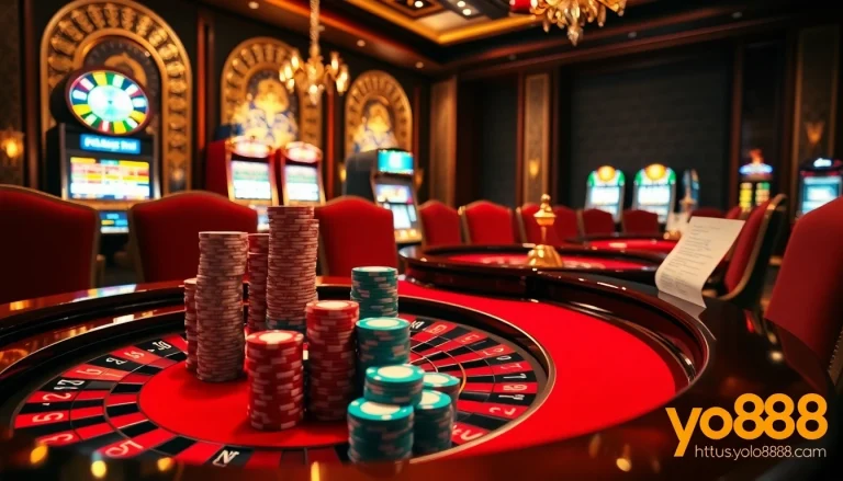 Experience high-stakes action at https://yo88.cash/ with vibrant casino games and players at the roulette table.