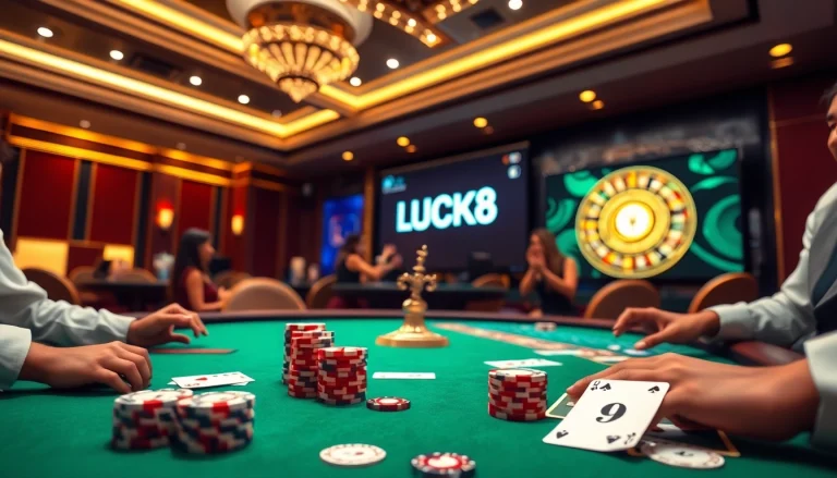 Cảnh chơi tại LUCK8 với chip poker, các lá bài và bánh xe roulette, thể hiện sự hồi hộp của casino.