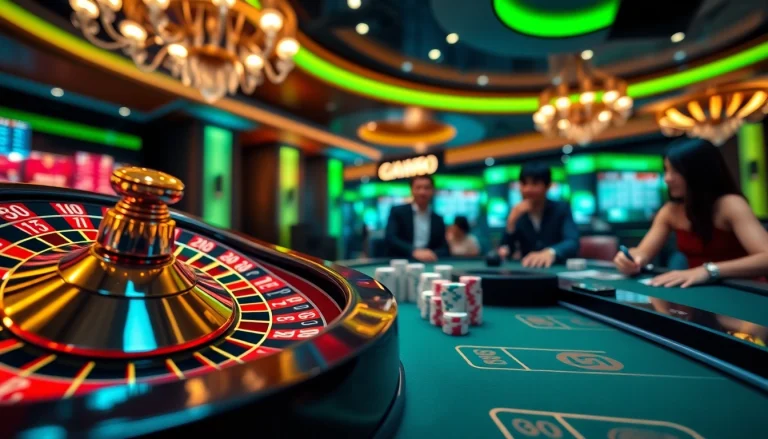 Experience thrilling gameplay at GK88's casino with vibrant poker chips and roulette wheel.