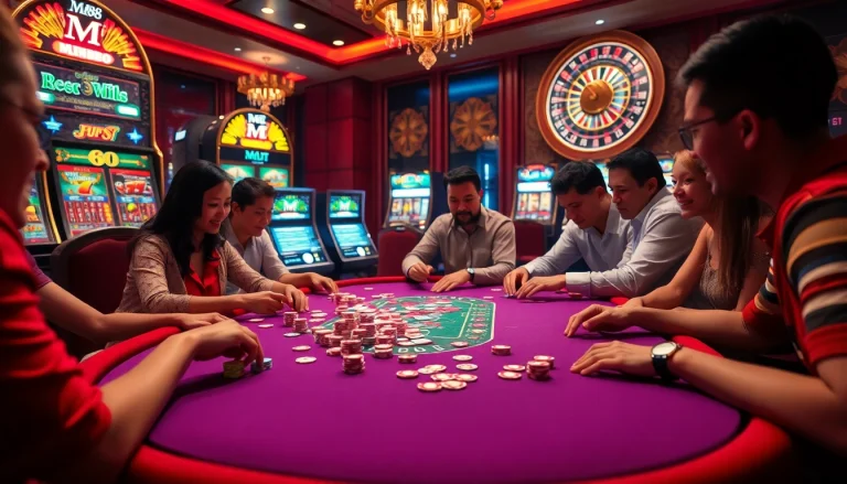 MM88 gaming table bustling with players and high-stakes excitement in a luxurious casino setting.