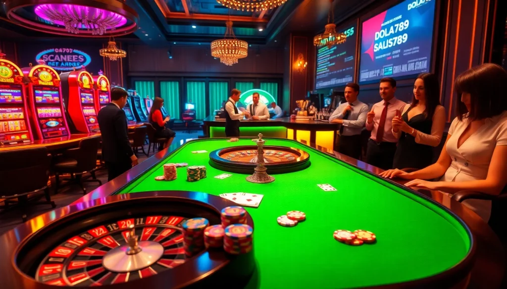 DOLA789 casino scene showcasing poker and roulette excitement with vibrant colors.