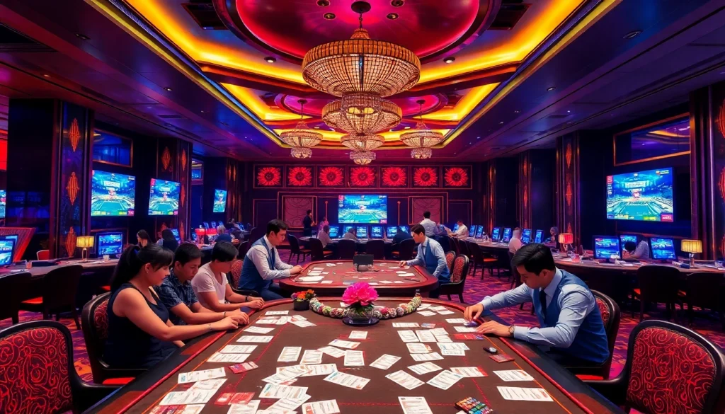 Players engaged in 28bet đá gà betting surrounded by vibrant casino elements.