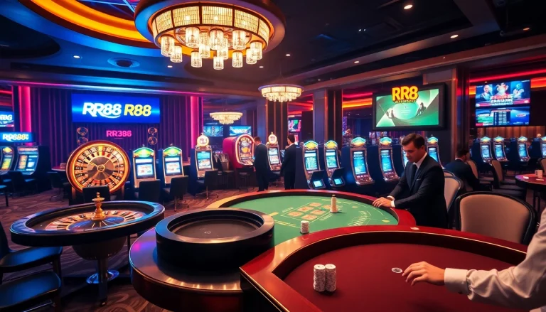 Experience the excitement of RR88 with vibrant casino tables, poker chips, and roulette wheels.