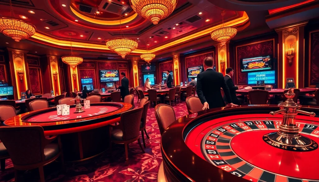 Engaging players enjoying game bài xn88 with vibrant casino elements and a luxurious atmosphere.