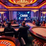 Players engaged in an exciting CM88 casino experience with roulette, poker chips, and vibrant slot machines.