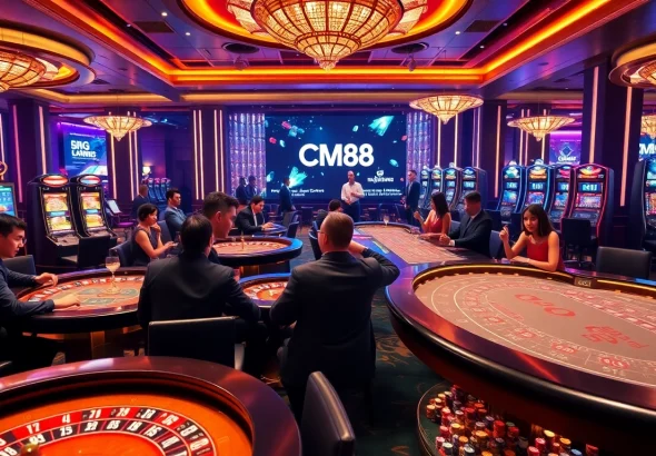 Players engaged in an exciting CM88 casino experience with roulette, poker chips, and vibrant slot machines.