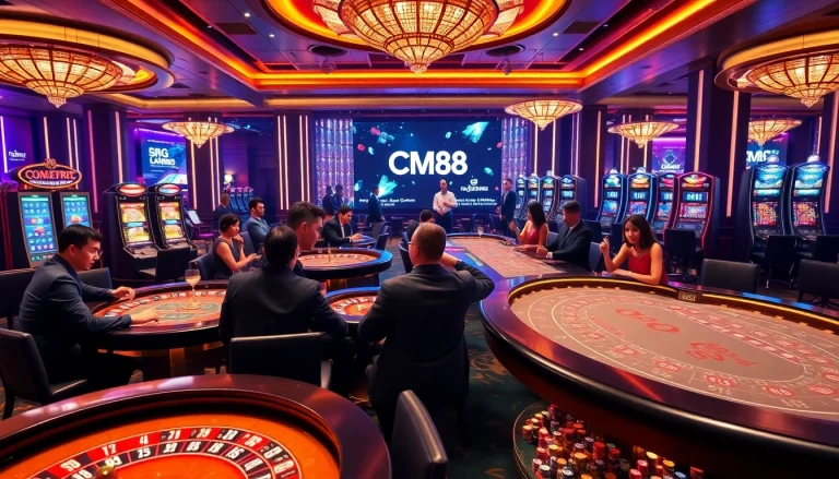 Players engaged in an exciting CM88 casino experience with roulette, poker chips, and vibrant slot machines.