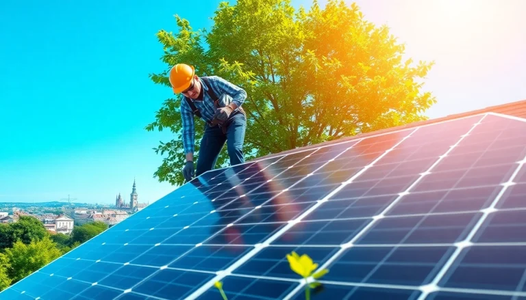 Solar Wien zeigt professionelle Installation von Solarpanels auf einem Dach mit grünem Umfeld.