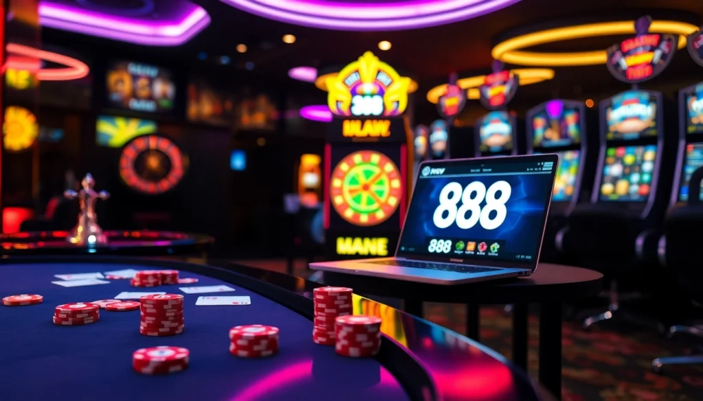 Engaging casino scene illustrating Hướng Dẫn 888new with vibrant gaming elements.