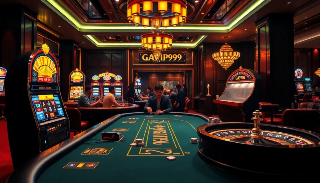 Experience the vibrant atmosphere of GAVIP999 with players at a poker table and flashing slot machines.