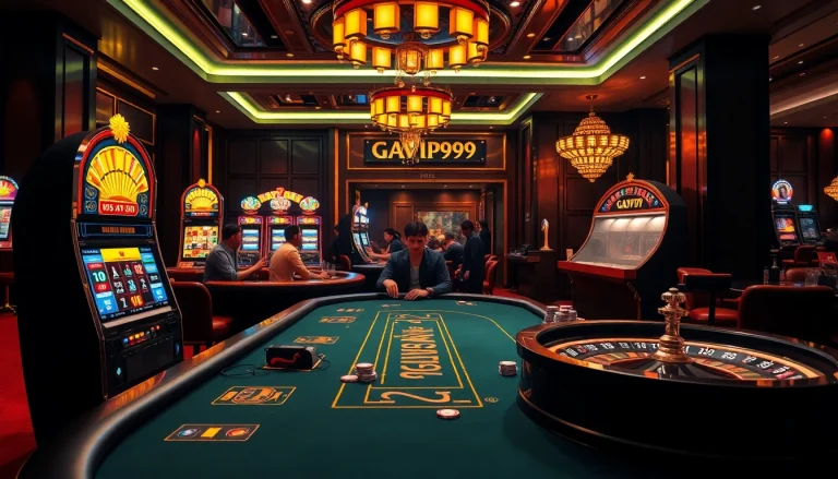 Experience the vibrant atmosphere of GAVIP999 with players at a poker table and flashing slot machines.