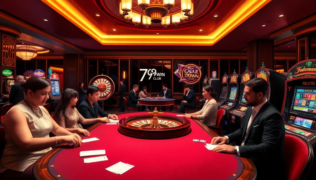 Immerse in the thrilling ambiance of 789win club with players engaged at elegant casino tables.