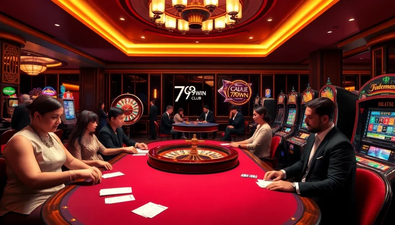 Immerse in the thrilling ambiance of 789win club with players engaged at elegant casino tables.