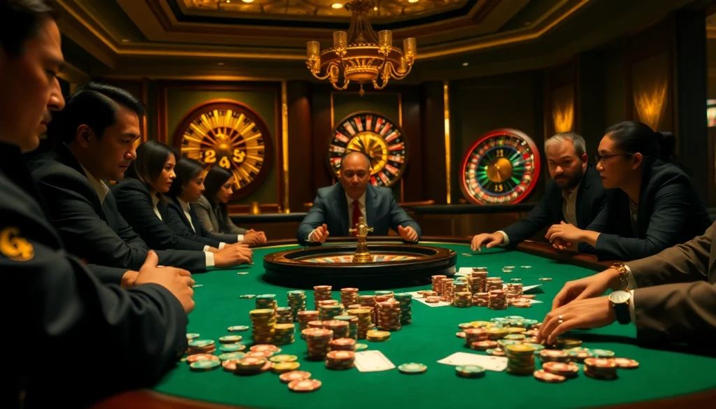 Engaged players strategizing over a poker table, capturing the essence of bạch thủ lô kép in an upscale casino.