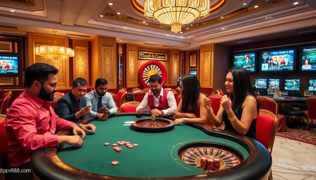 Engaged players at a high-stakes poker table showcasing the excitement of https://rr88sn.com/ games in a luxurious casino setting.