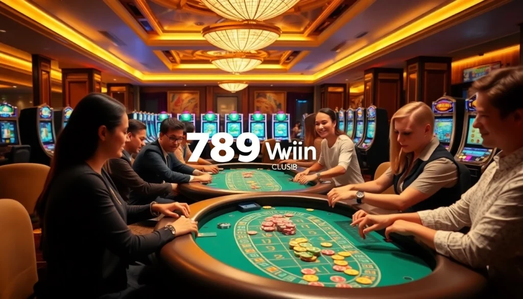 Players enjoying exciting games at 789win club with poker, blackjack, and roulette tables.