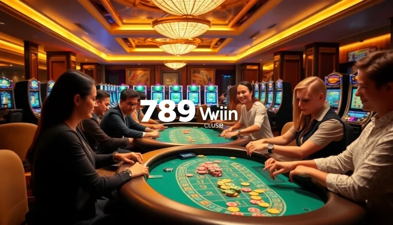 Players enjoying exciting games at 789win club with poker, blackjack, and roulette tables.