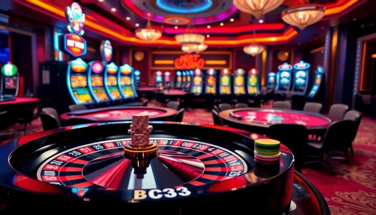 Bem88 casino experience showcasing vibrant slot machines and elegant roulette tables.