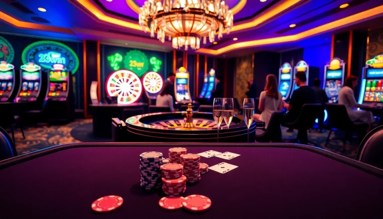 Experience the excitement of 23win with elite gambling visuals showing poker tables and vibrant slot machines.