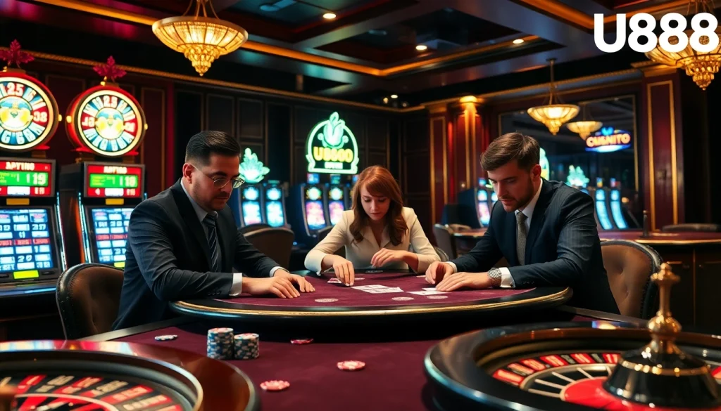 U888 players engaging at a high-stakes poker table in a luxurious casino environment.