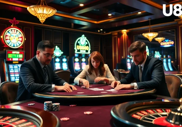 U888 players engaging at a high-stakes poker table in a luxurious casino environment.