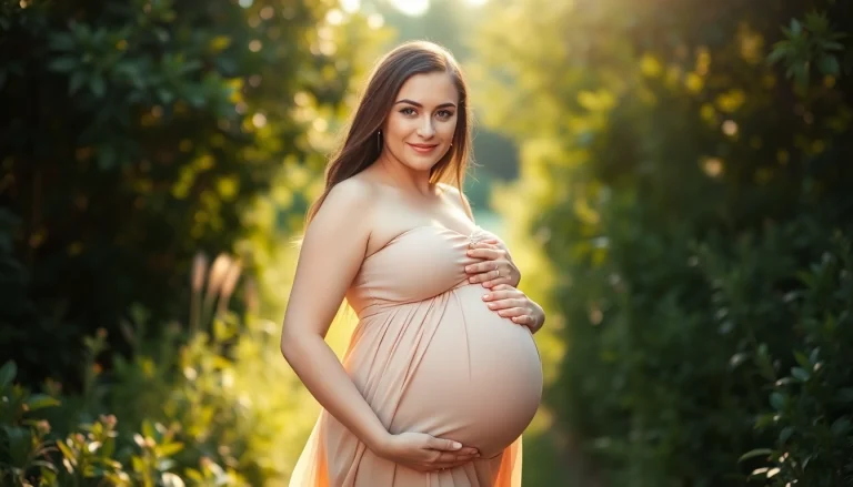 Schwangerschaftsfotografie zeigt eine werdende Mutter im Freien, umgeben von Natur.