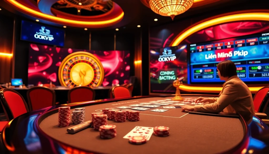 Experience the thrill of LIÊN MINH OKVIP at this luxurious casino scene filled with engaging poker players.