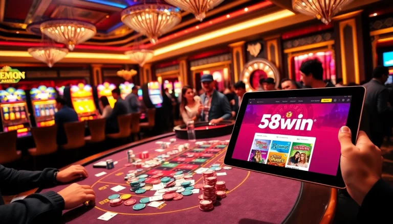 Experience the thrill of 58win casino with a vibrant gaming scene featuring tables, slots, and players.