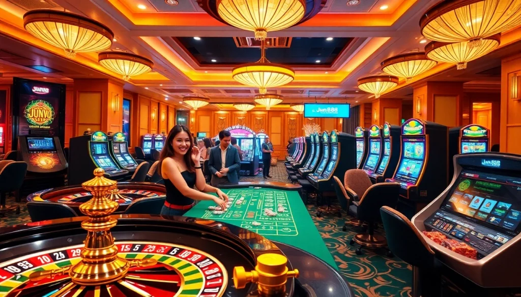 Players enjoying an exciting game at Jun 88 casino with roulette and poker tables.