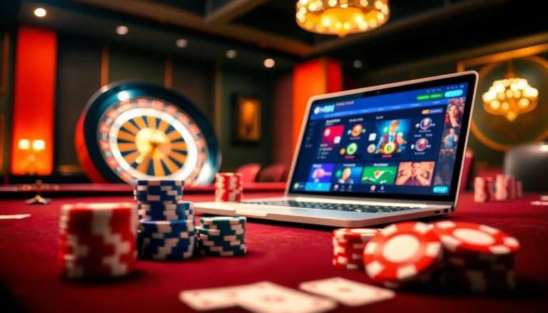 Players enjoying an online gambling experience at qh88 with poker chips and a roulette wheel.
