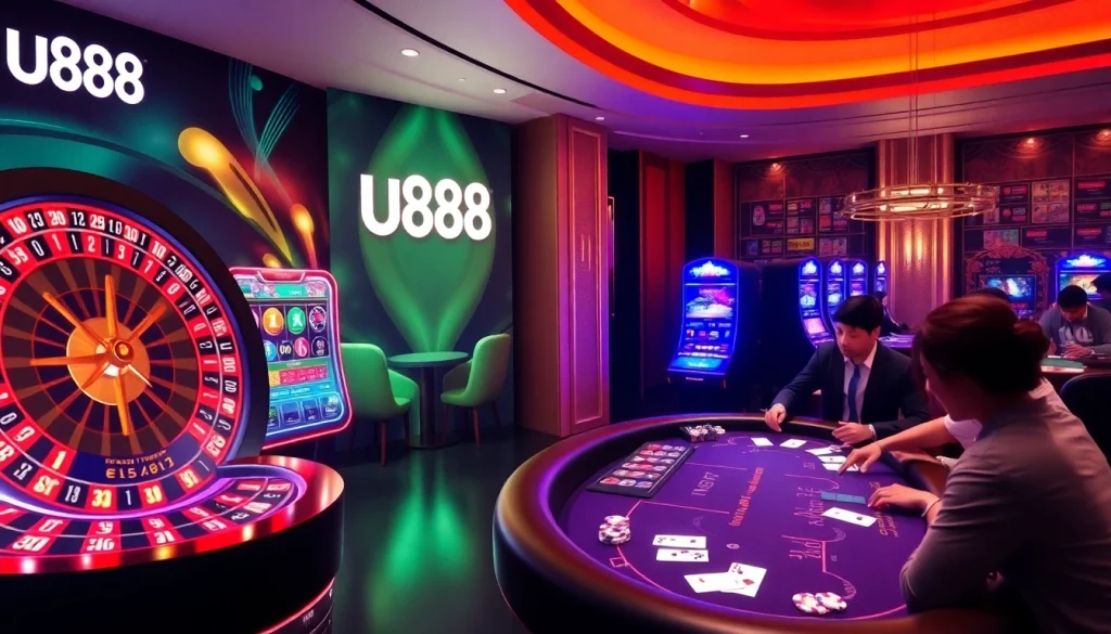 U888 gaming interface featuring a digital roulette wheel and poker tables in a luxurious casino setting