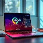 在现代工作空间的笔记本电脑上显示的 QuickQ官网，提供安全的在线体验。