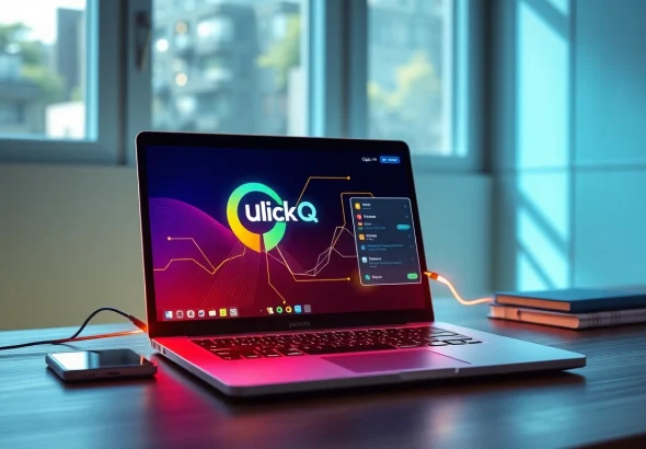 在现代工作空间的笔记本电脑上显示的 QuickQ官网，提供安全的在线体验。