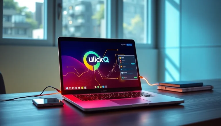 在现代工作空间的笔记本电脑上显示的 QuickQ官网，提供安全的在线体验。