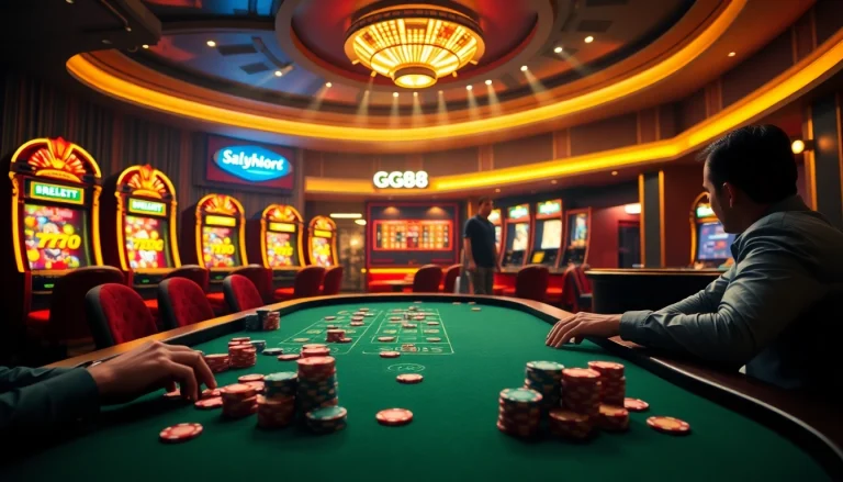 GG88 gaming action at a vibrant casino with poker chips and bright slot machines.