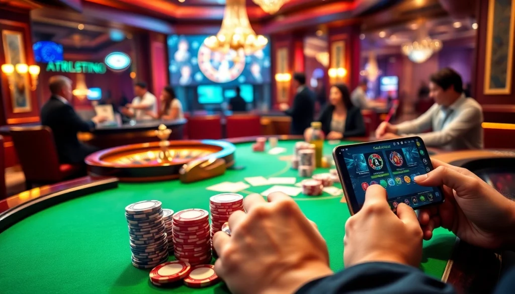 Experience the thrilling game bài xn88 at an elegant casino table surrounded by excited players.