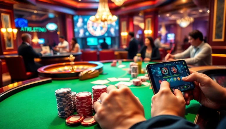 Experience the thrilling game bài xn88 at an elegant casino table surrounded by excited players.