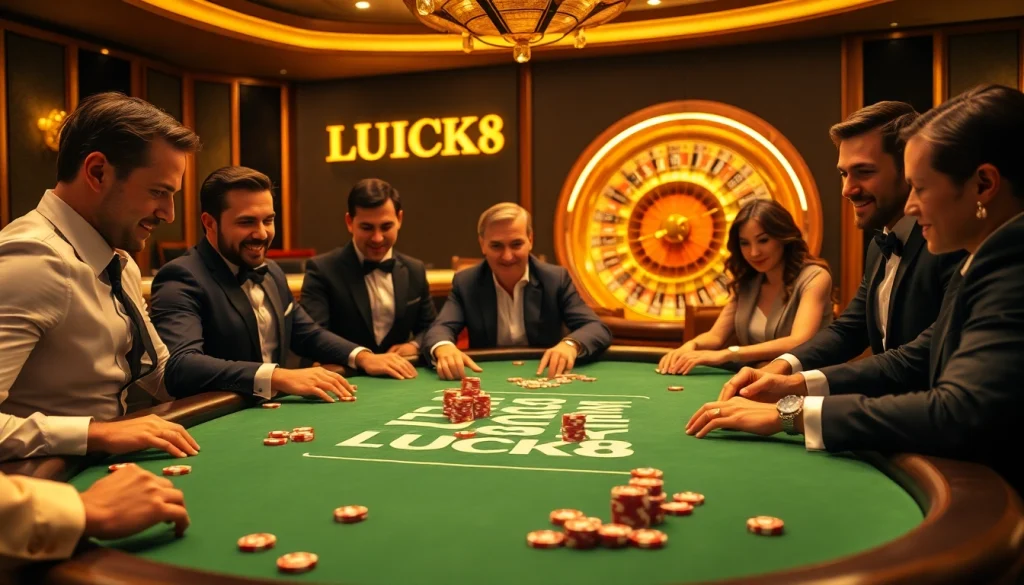 Người chơi tham gia trò chơi poker LUCK8 đầy hồi hộp tại bàn casino sang trọng.
