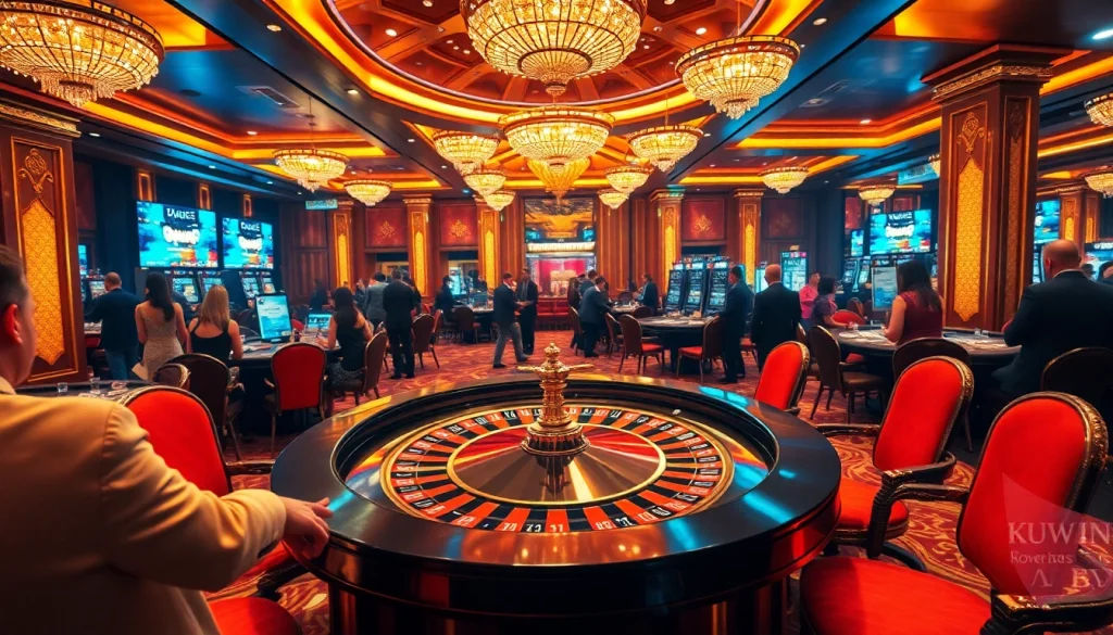 Kuwin casino players engaging at a luxurious roulette table, feeling the thrill of high stakes.