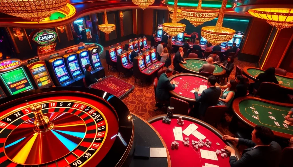 Casino players enjoying poker and roulette at CM88, showcasing luxury and excitement.