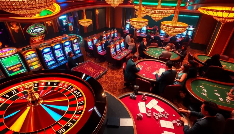Casino players enjoying poker and roulette at CM88, showcasing luxury and excitement.