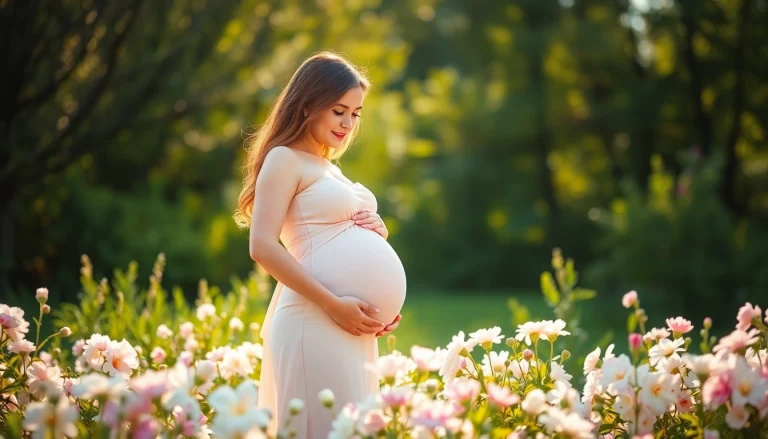Schwangerschaftsfotografie von einer strahlenden Mutter in einer blühenden, natürlichen Umgebung.